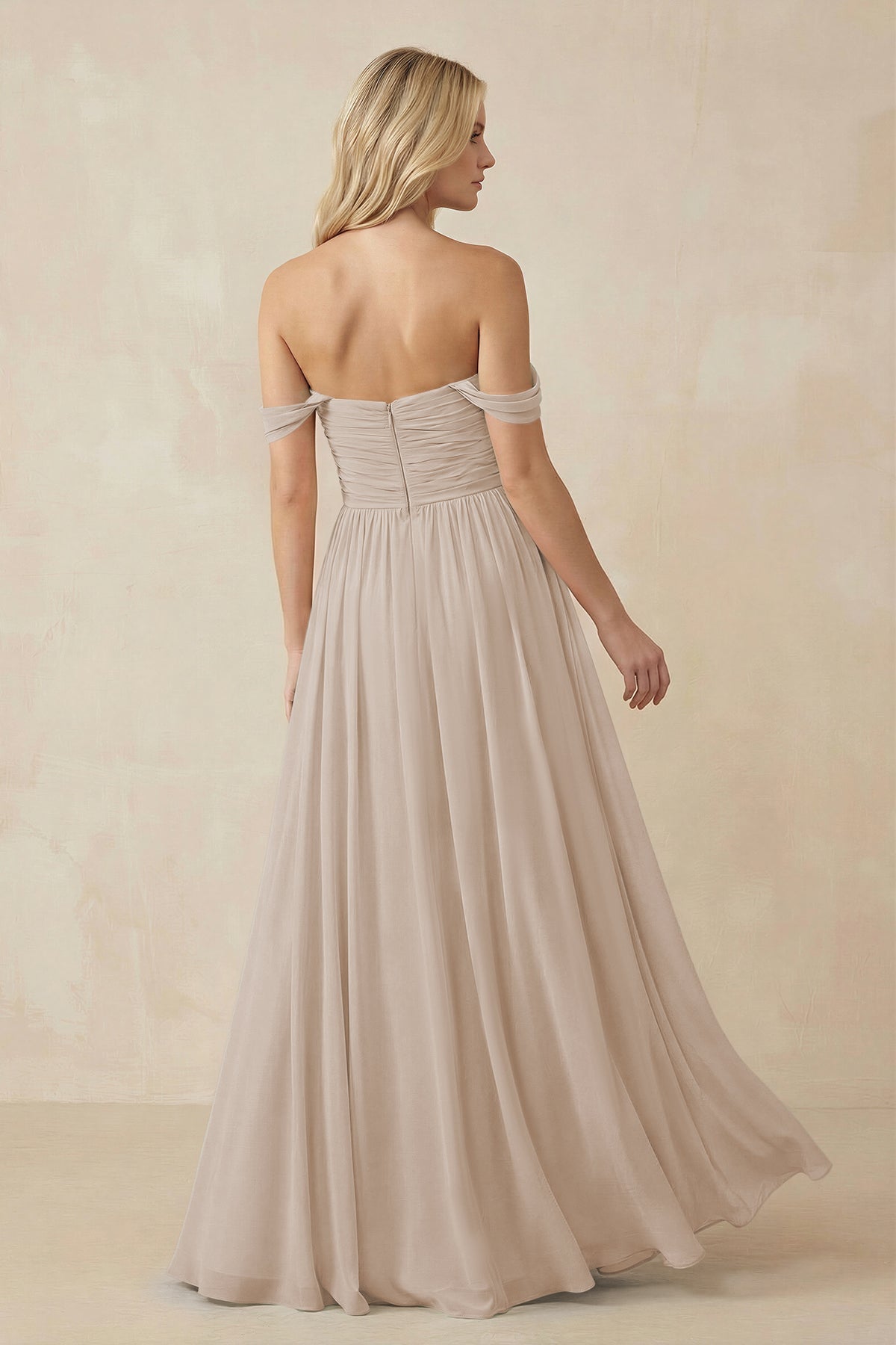 A-Line Pleated Long Chiffon Bridesmaid Dress in Almond