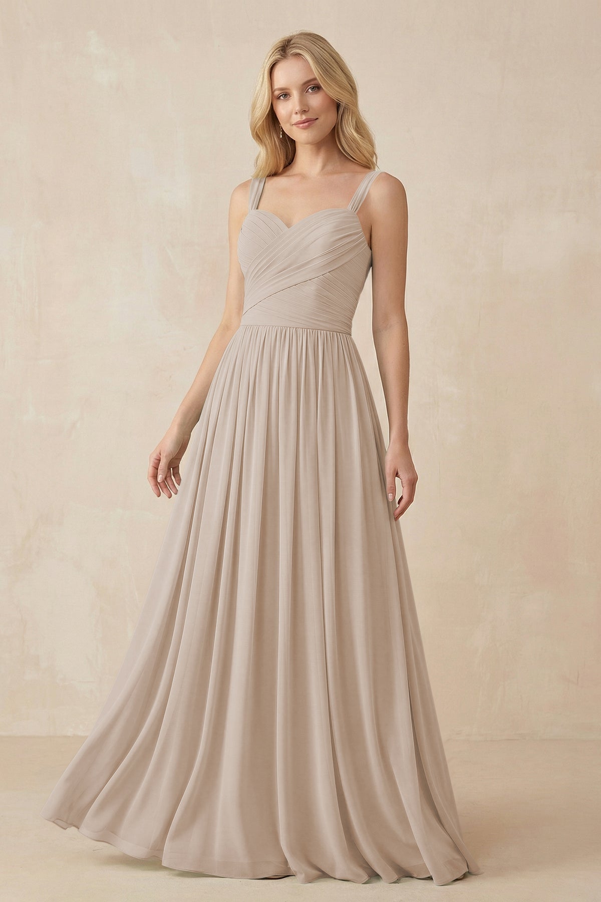 A-Line Pleated Long Chiffon Bridesmaid Dress in Almond