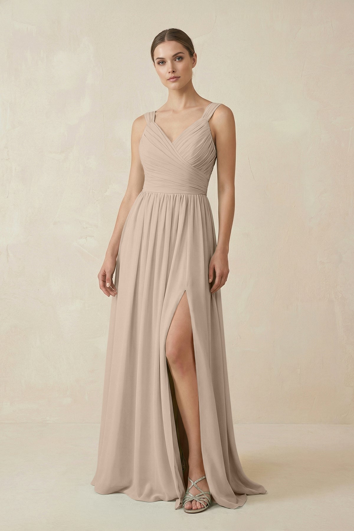 A-Line Pleated Chiffon Long Bridesmaid Dress in Almond