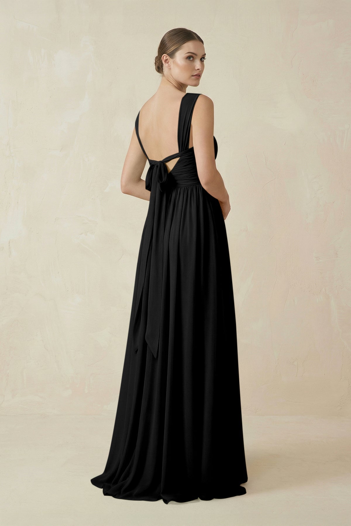 A-Line Pleated Chiffon Long Bridesmaid Dress in Black