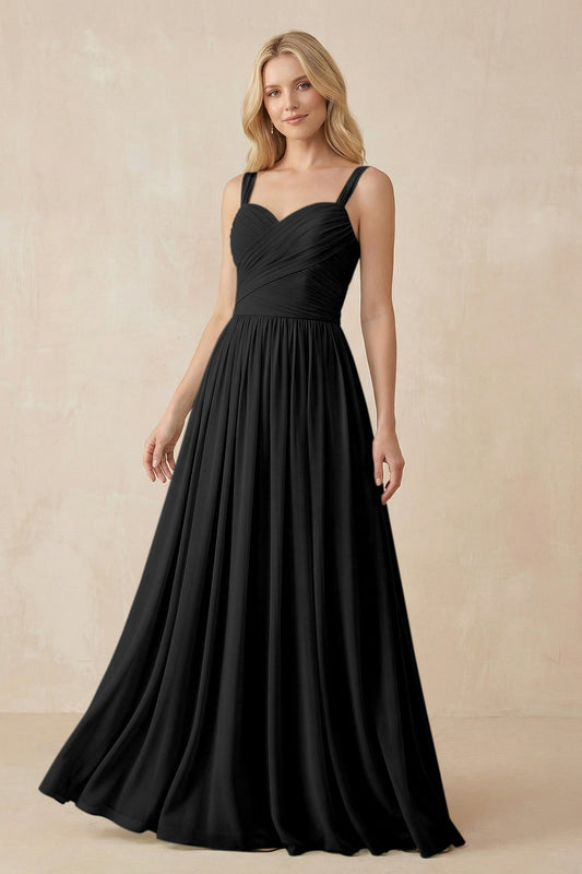 A-Line Pleated Long Chiffon Bridesmaid Dress in Black