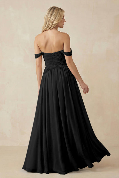 A-Line Pleated Long Chiffon Bridesmaid Dress in Black