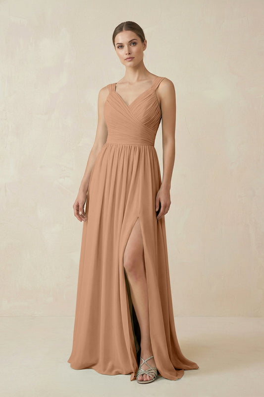 A-Line Pleated Chiffon Long Bridesmaid Dress in Bronzer