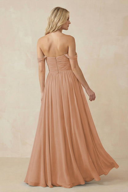A-Line Pleated Long Chiffon Bridesmaid Dress in Bronzer