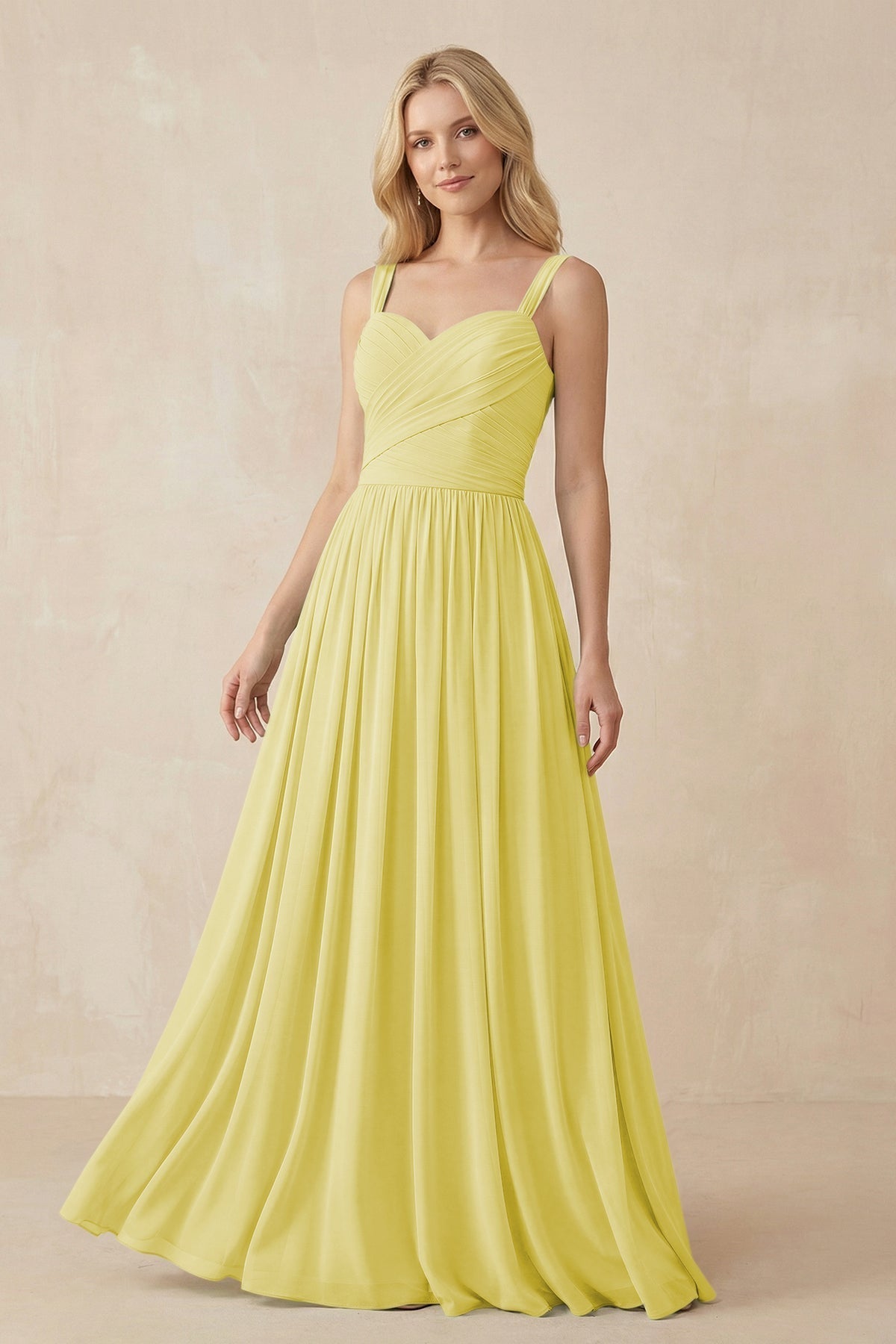 A-Line Pleated Long Chiffon Bridesmaid Dress in Buttercup