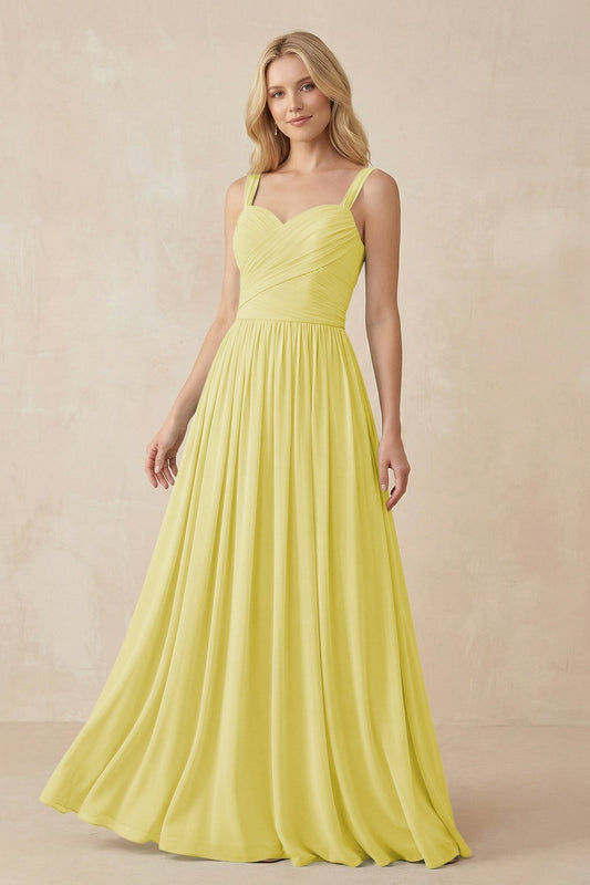 A-Line Pleated Long Chiffon Bridesmaid Dress in Buttercup