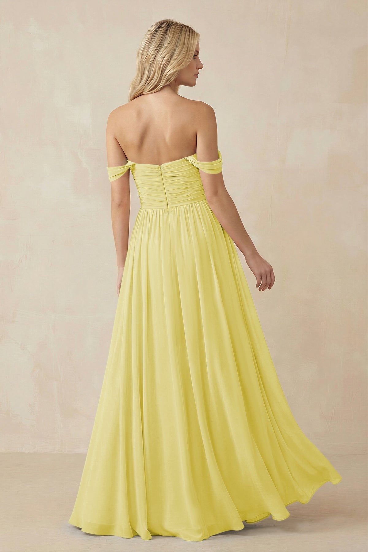 A-Line Pleated Long Chiffon Bridesmaid Dress in Buttercup