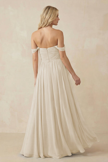 A-Line Pleated Long Chiffon Bridesmaid Dress in Champagne