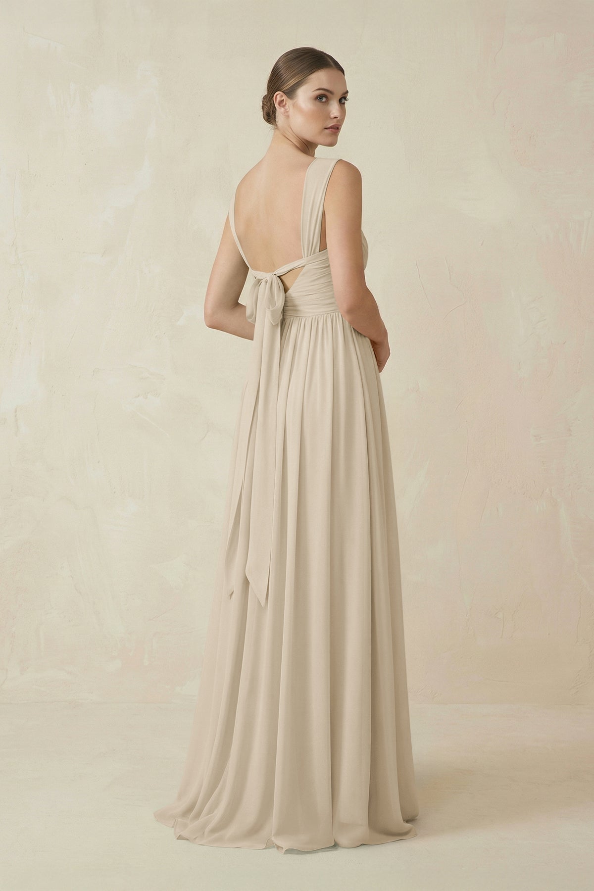 A-Line Pleated Chiffon Long Bridesmaid Dress in Champagne