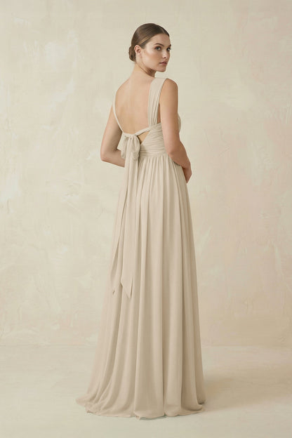 A-Line Pleated Chiffon Long Bridesmaid Dress in Champagne