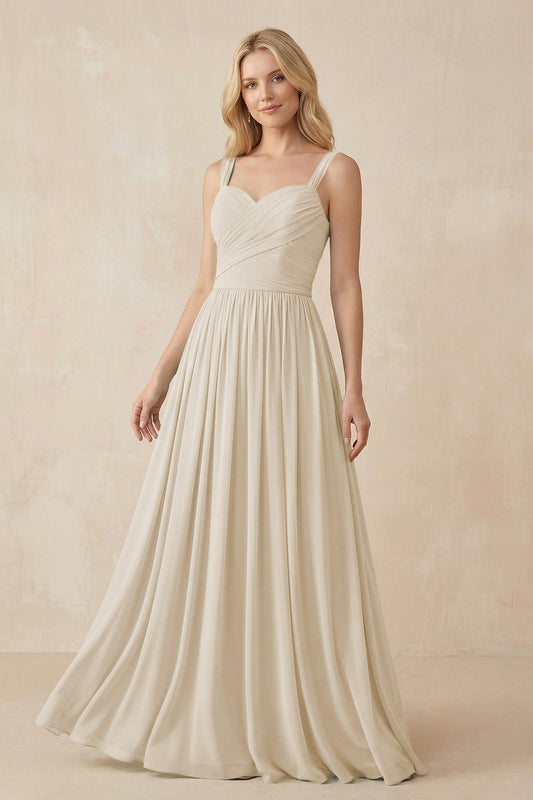 A-Line Pleated Long Chiffon Bridesmaid Dress in Champagne