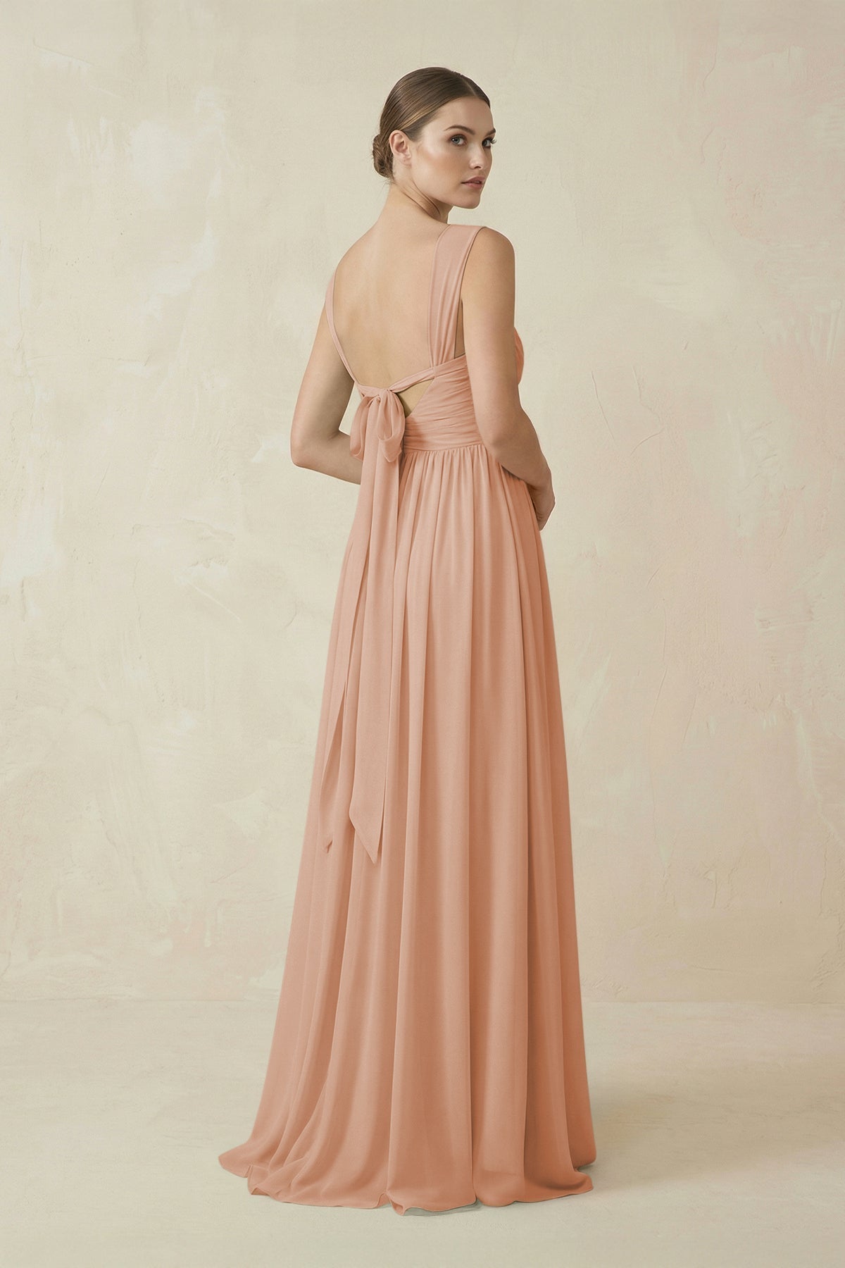 A-Line Pleated Chiffon Long Bridesmaid Dress in Champagne Rose