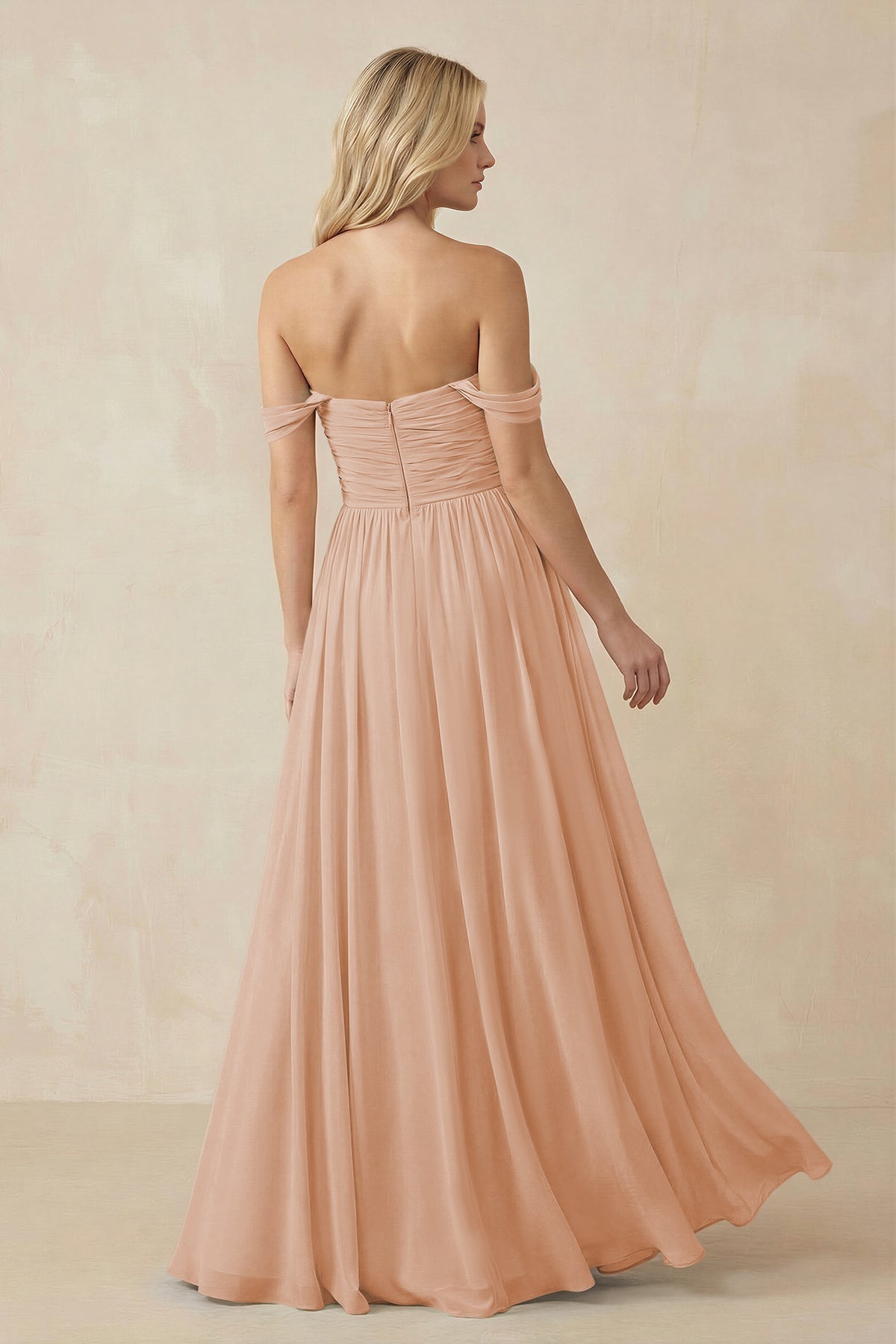 A-Line Pleated Long Chiffon Bridesmaid Dress in Champagne Rose