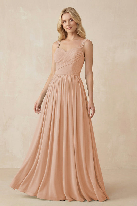 A-Line Pleated Long Chiffon Bridesmaid Dress in Champagne Rose