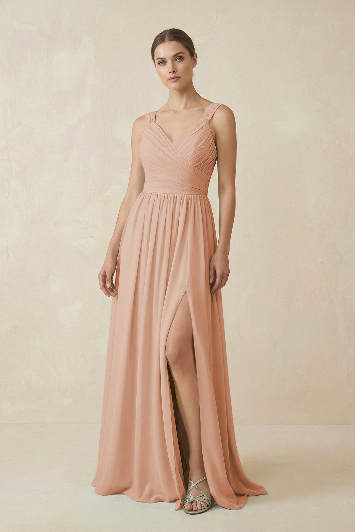 A-Line Pleated Chiffon Long Bridesmaid Dress in Champagne Rose