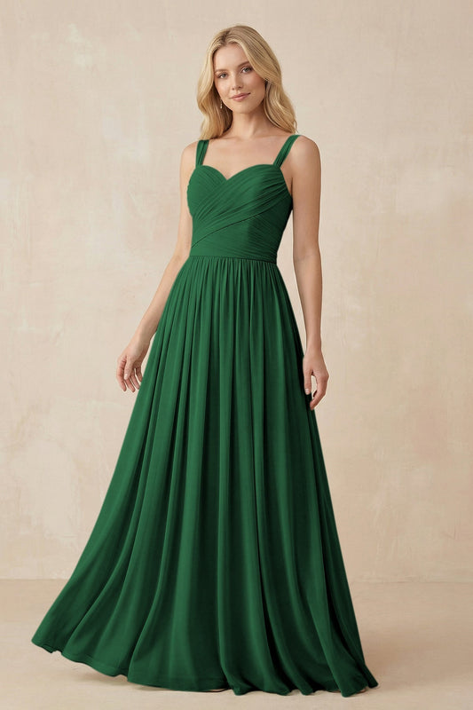 A-Line Pleated Long Chiffon Bridesmaid Dress in Dark Green
