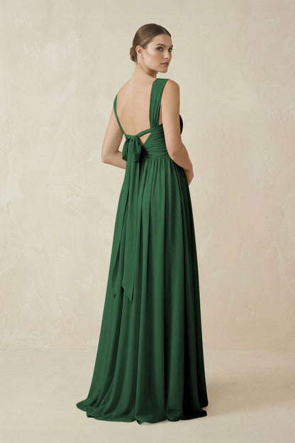 A-Line Pleated Chiffon Long Bridesmaid Dress in Dark Green