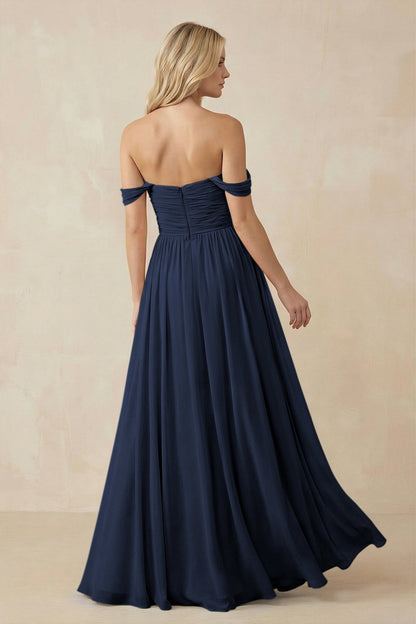 A-Line Pleated Long Chiffon Bridesmaid Dress in Dark Navy