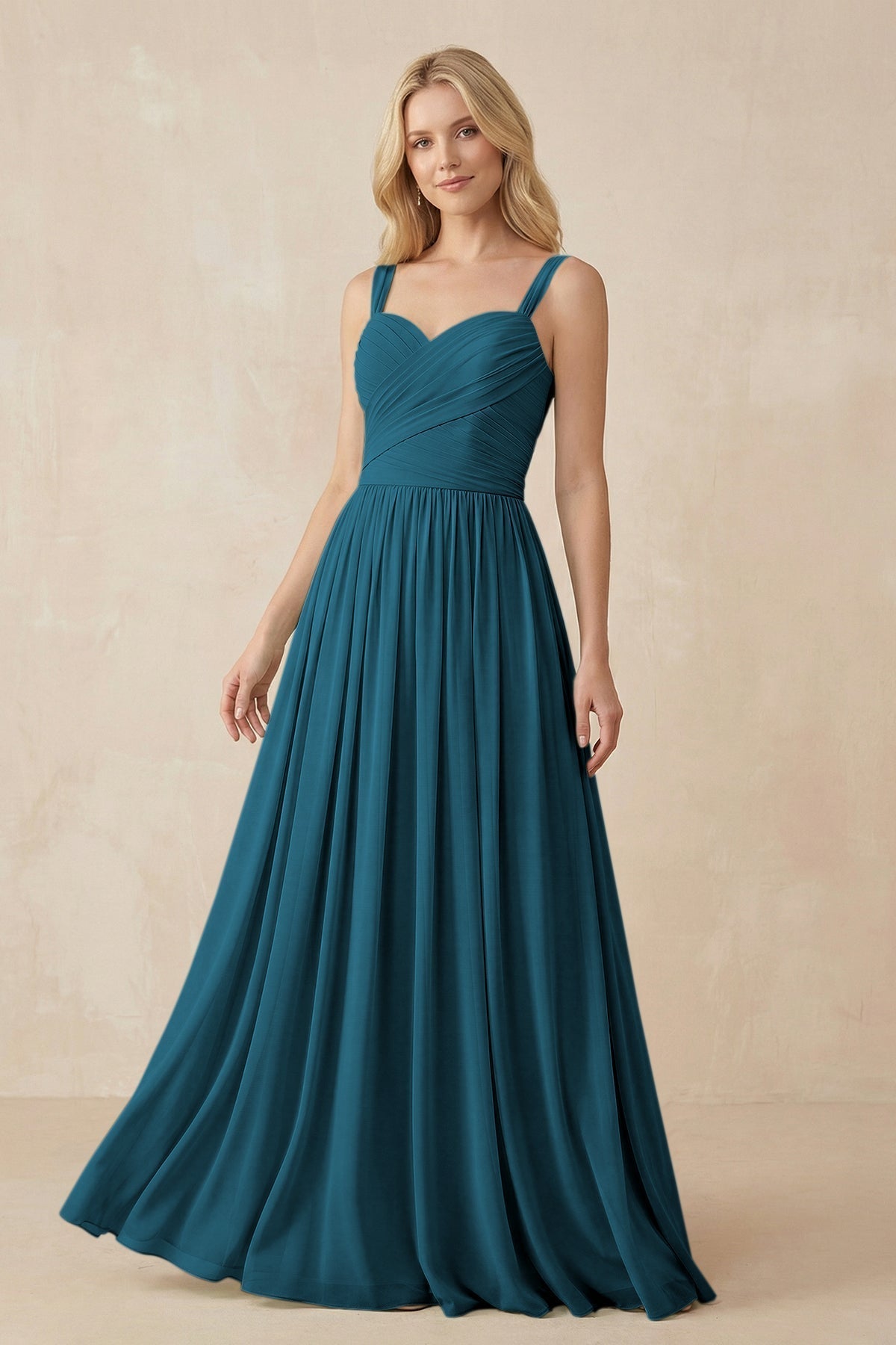 A-Line Pleated Long Chiffon Bridesmaid Dress in Dark Teal