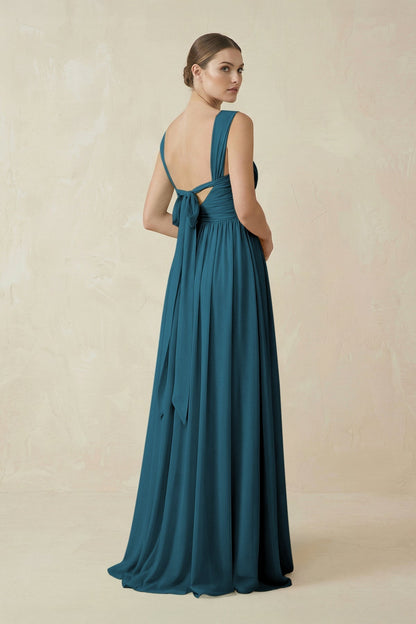 A-Line Pleated Chiffon Long Bridesmaid Dress in Dark Teal