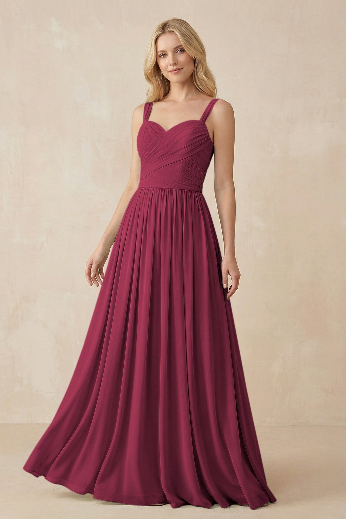 A-Line Pleated Long Chiffon Bridesmaid Dress in Desert Rose