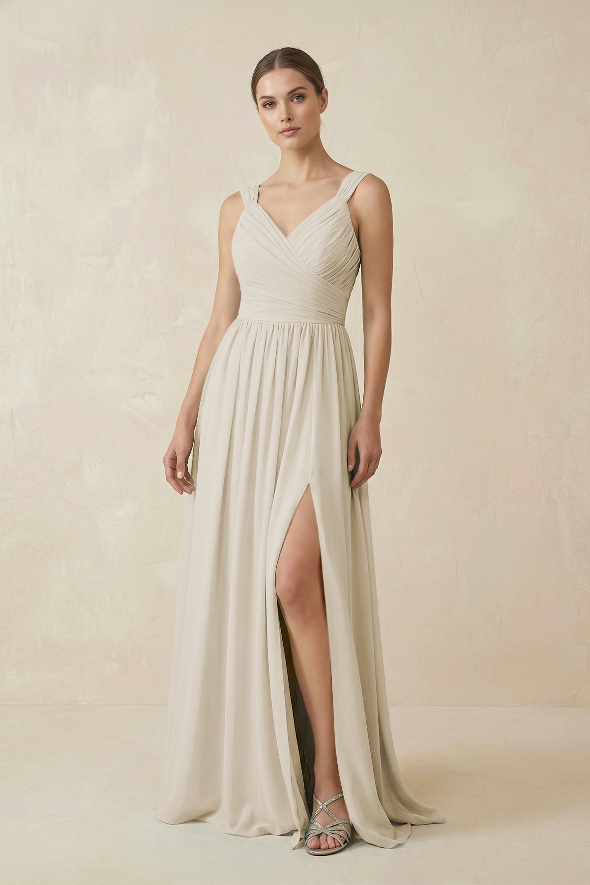 A-Line Pleated Chiffon Long Bridesmaid Dress in Dove Gray