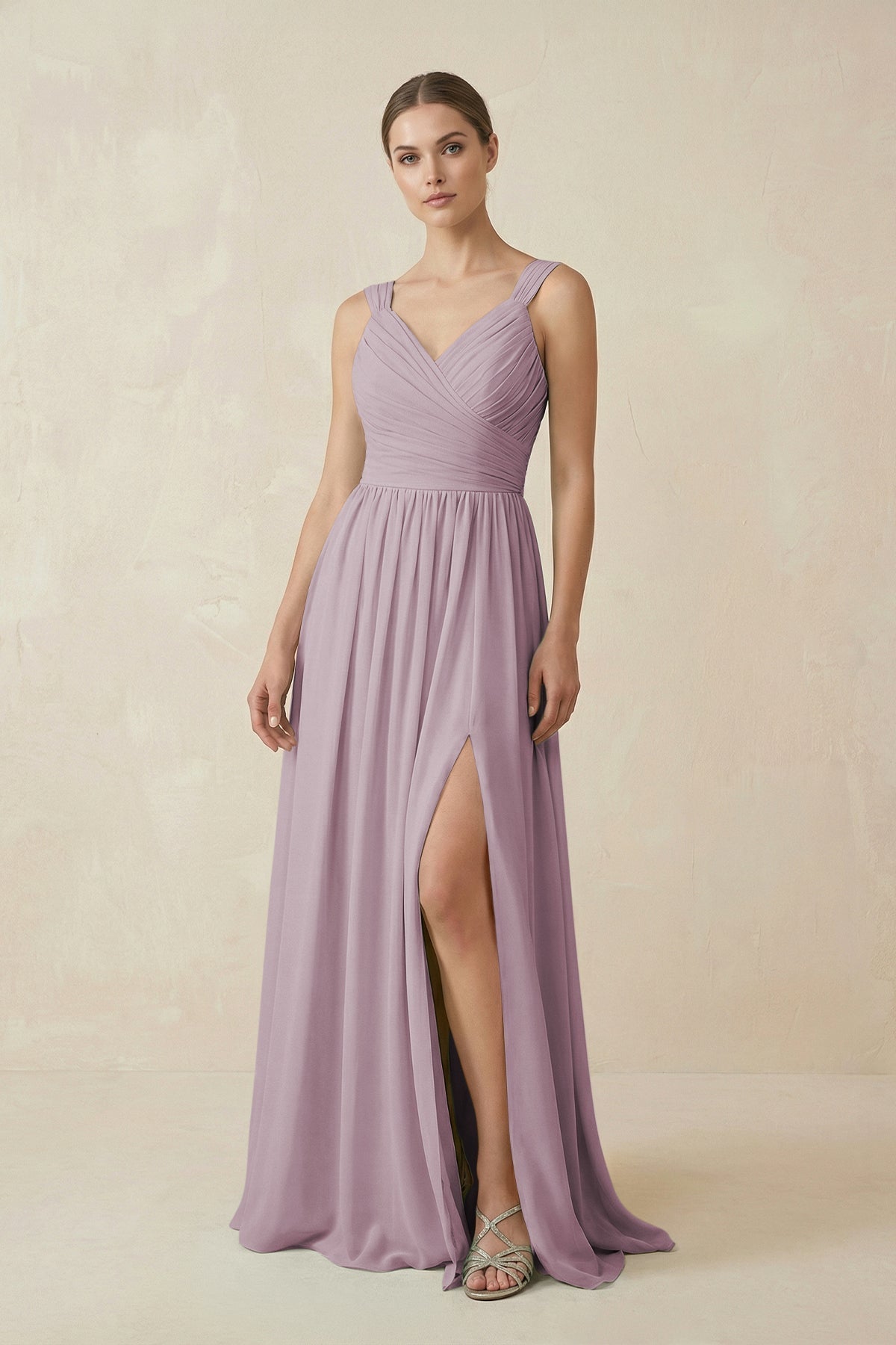A-Line Pleated Chiffon Long Bridesmaid Dress in Dusk