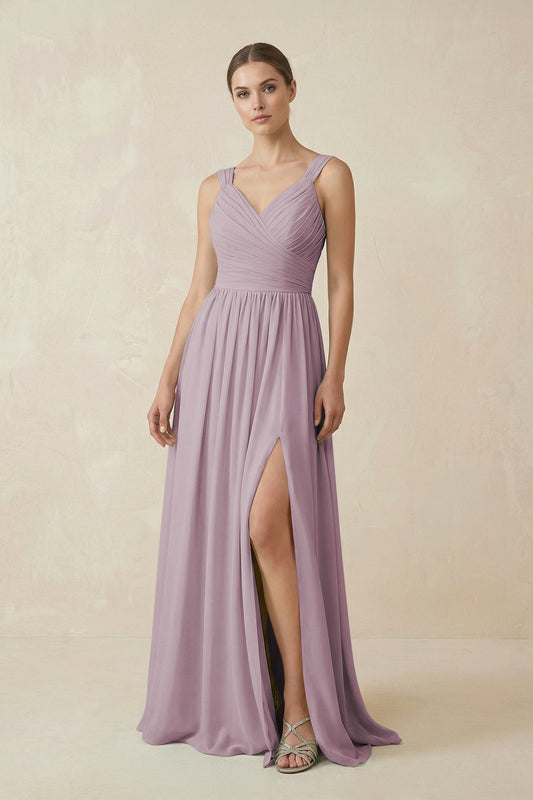 A-Line Pleated Chiffon Long Bridesmaid Dress in Dusk
