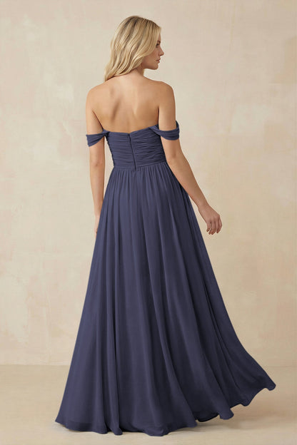 A-Line Pleated Long Chiffon Bridesmaid Dress in Dusk Blue