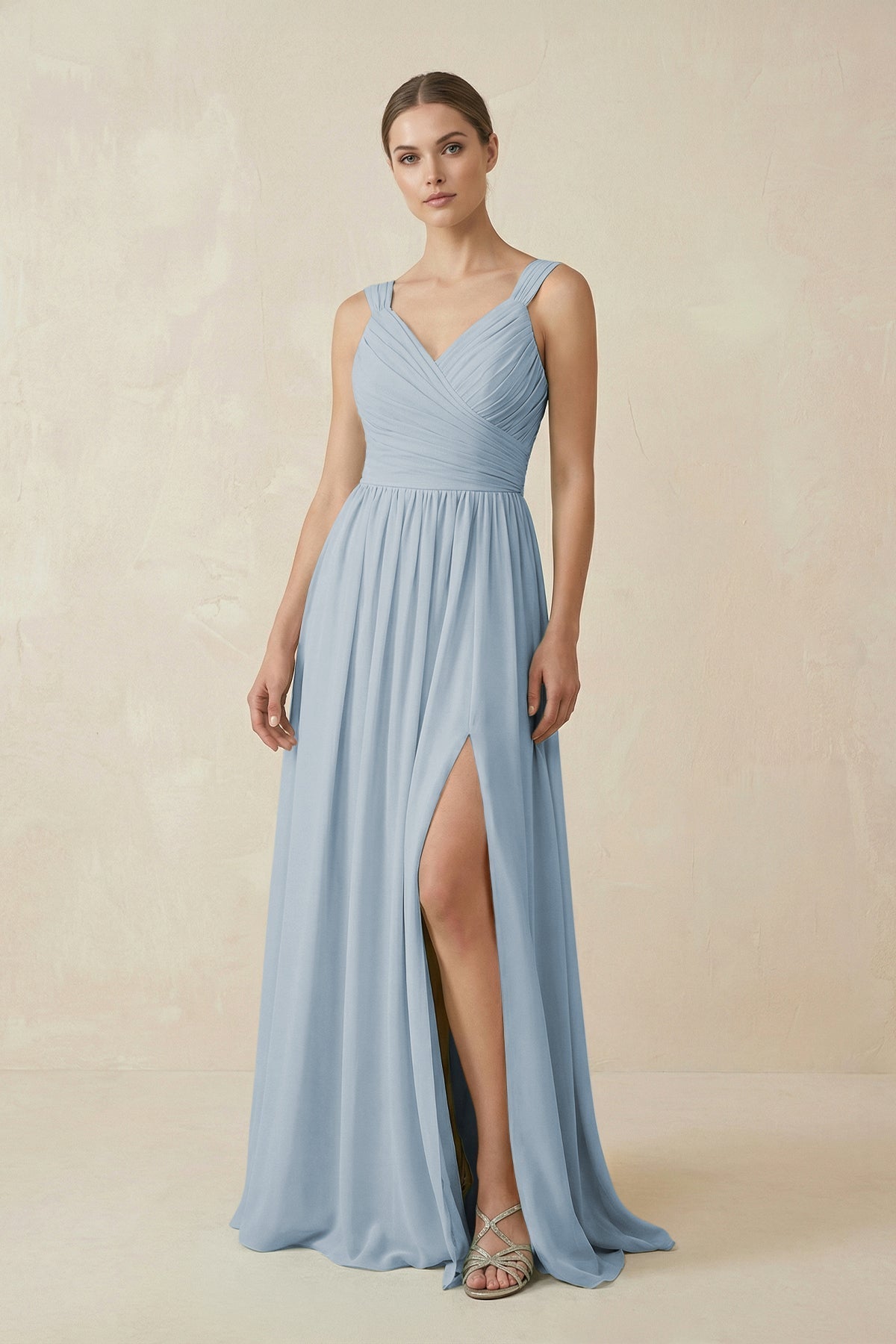 A-Line Pleated Chiffon Long Bridesmaid Dress in Dusty Blue