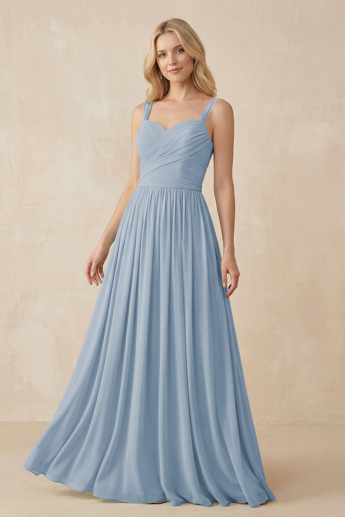 A-Line Pleated Long Chiffon Bridesmaid Dress in Dusty Blue