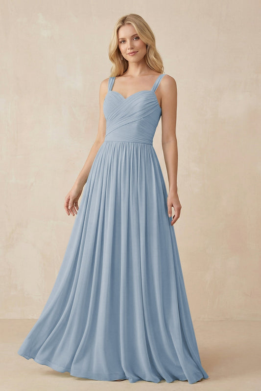 A-Line Pleated Long Chiffon Bridesmaid Dress in Dusty Blue
