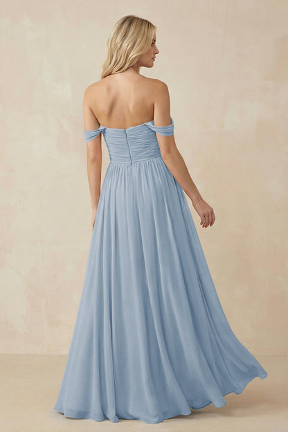 A-Line Pleated Long Chiffon Bridesmaid Dress in Dusty Blue