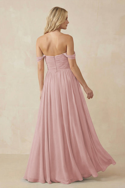 A-Line Pleated Long Chiffon Bridesmaid Dress in Dusty Rose