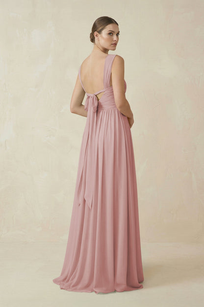 A-Line Pleated Chiffon Long Bridesmaid Dress in Dusty Rose