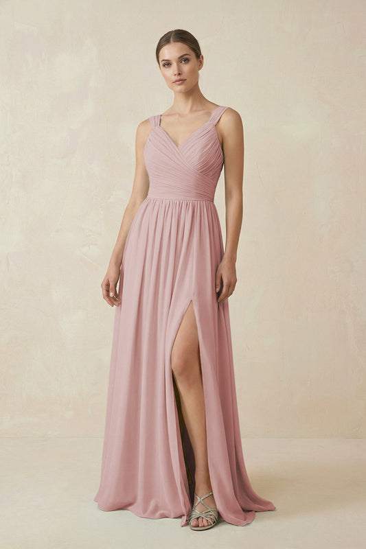 A-Line Pleated Chiffon Long Bridesmaid Dress in Dusty Rose