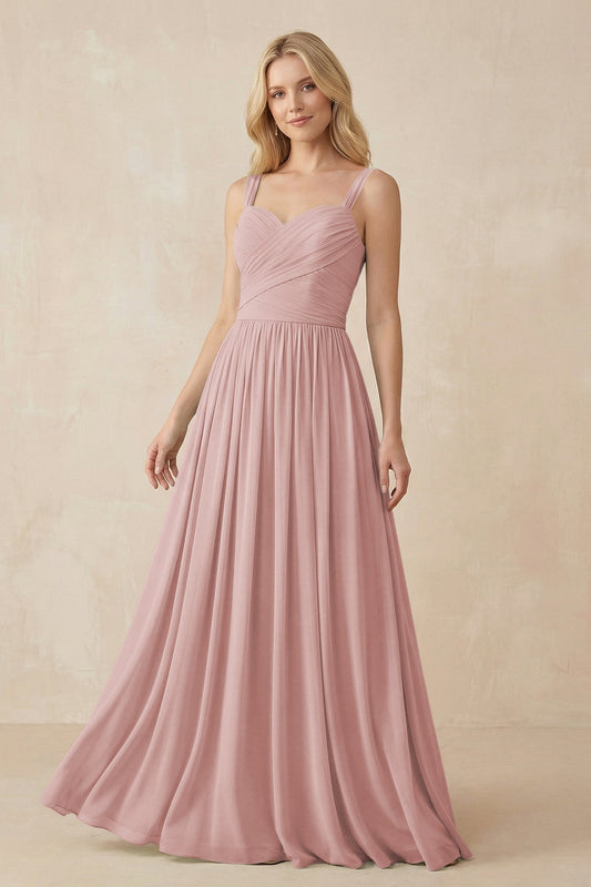 A-Line Pleated Long Chiffon Bridesmaid Dress in Dusty Rose