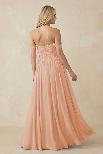 A-Line Pleated Long Chiffon Bridesmaid Dress in English Rose