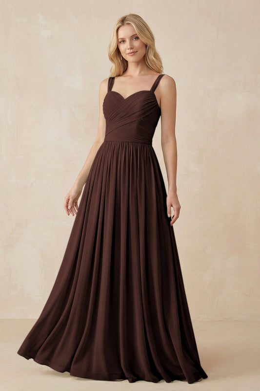 A-Line Pleated Long Chiffon Bridesmaid Dress in Espresso