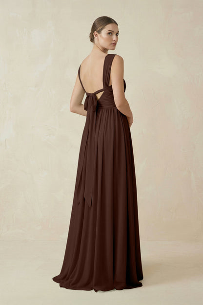 A-Line Pleated Chiffon Long Bridesmaid Dress in Espresso