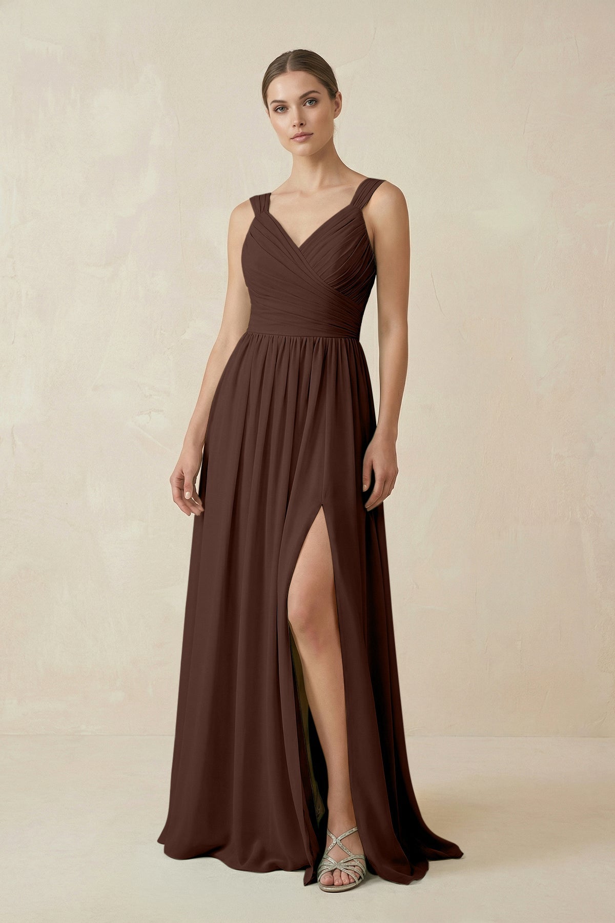 A-Line Pleated Chiffon Long Bridesmaid Dress in Espresso