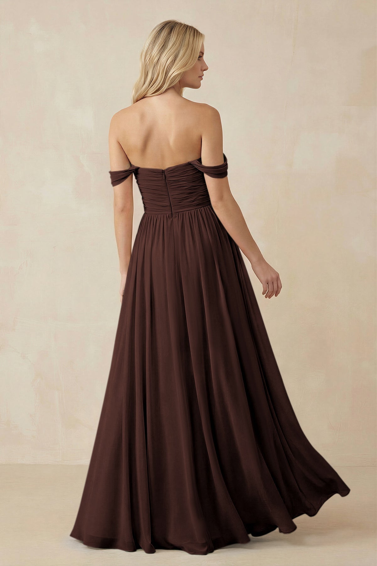 A-Line Pleated Long Chiffon Bridesmaid Dress in Espresso