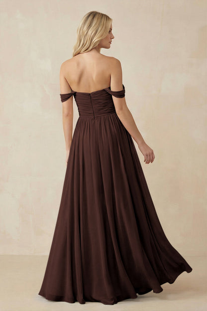 A-Line Pleated Long Chiffon Bridesmaid Dress in Espresso