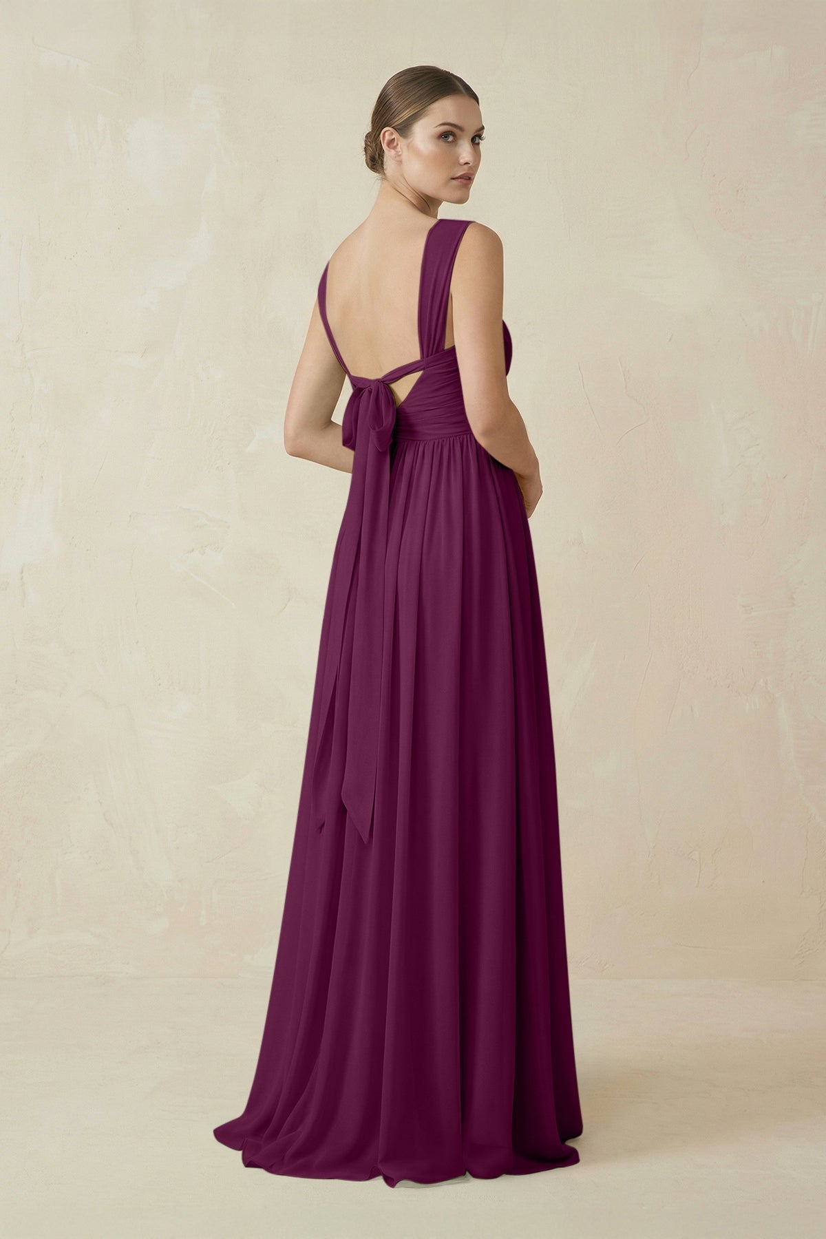 A-Line Pleated Chiffon Long Bridesmaid Dress in Fig
