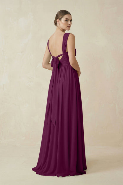 A-Line Pleated Chiffon Long Bridesmaid Dress in Fig