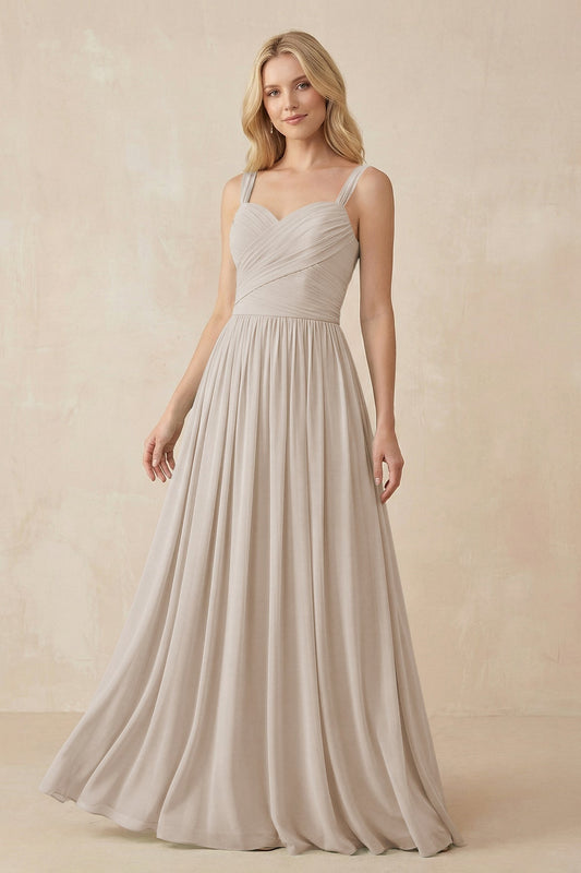 A-Line Pleated Long Chiffon Bridesmaid Dress in Frost