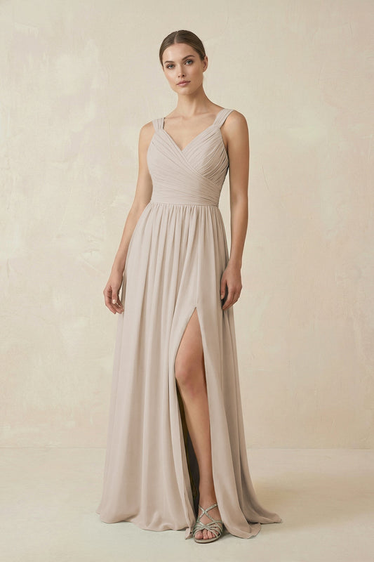 A-Line Pleated Chiffon Long Bridesmaid Dress in Frost
