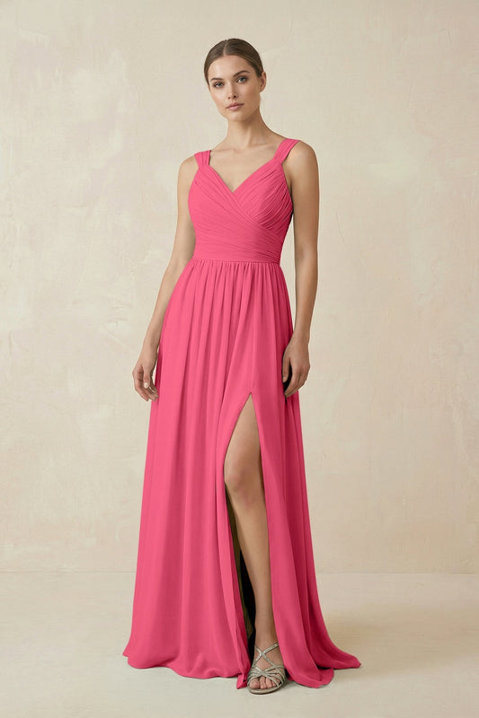 A-Line Pleated Chiffon Long Bridesmaid Dress in Fuchsia