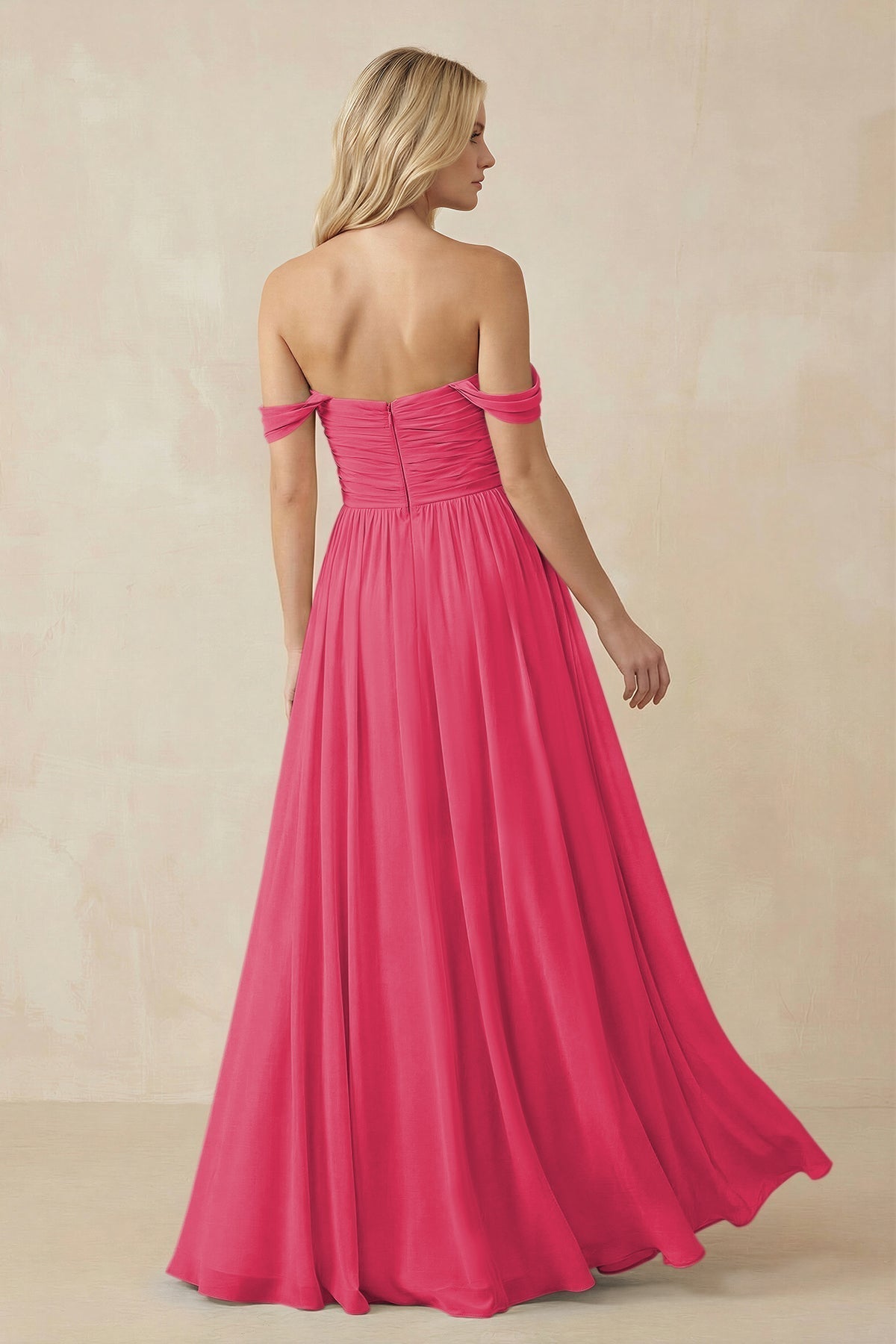 A-Line Pleated Long Chiffon Bridesmaid Dress in Fuchsia