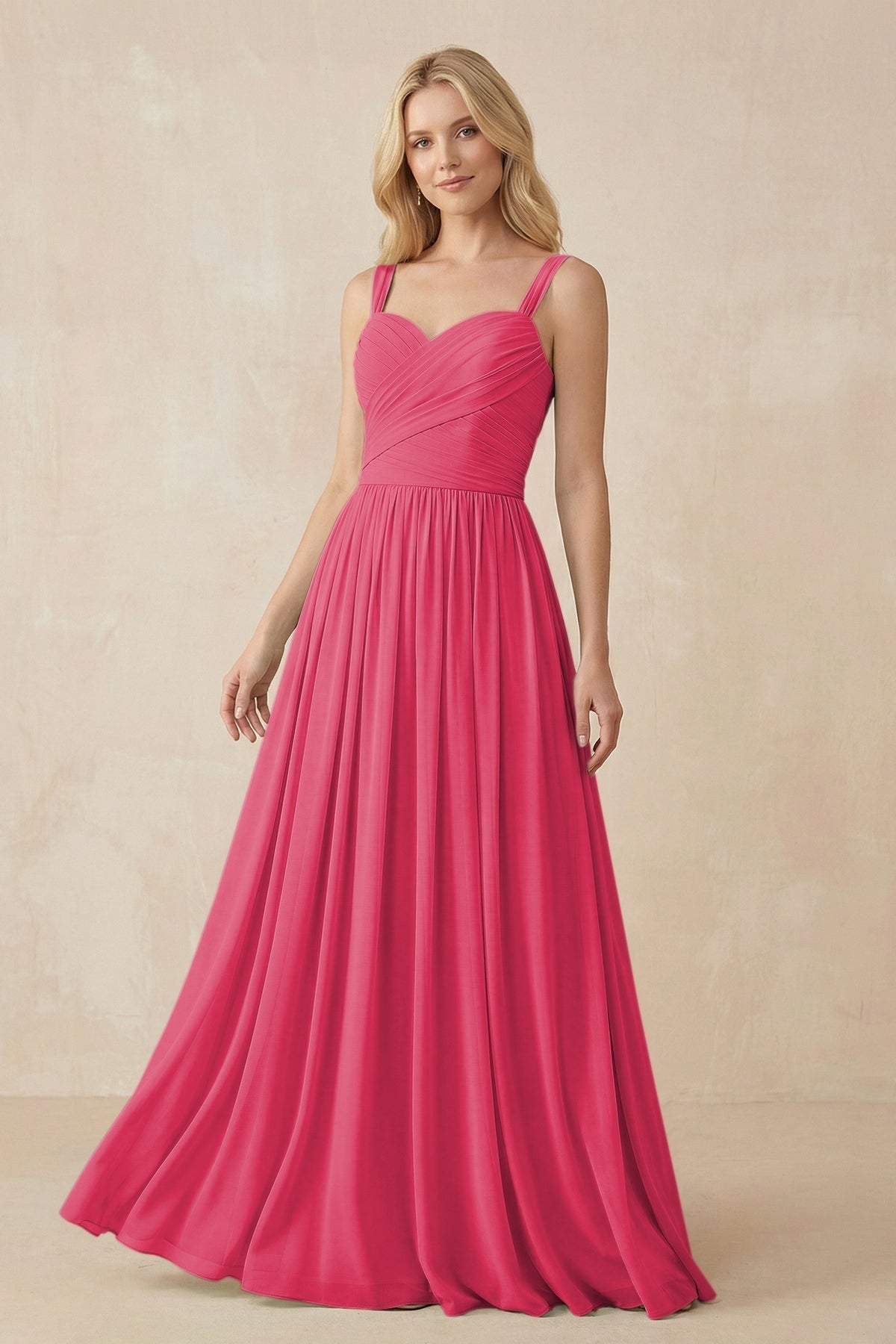 A-Line Pleated Long Chiffon Bridesmaid Dress in Fuchsia